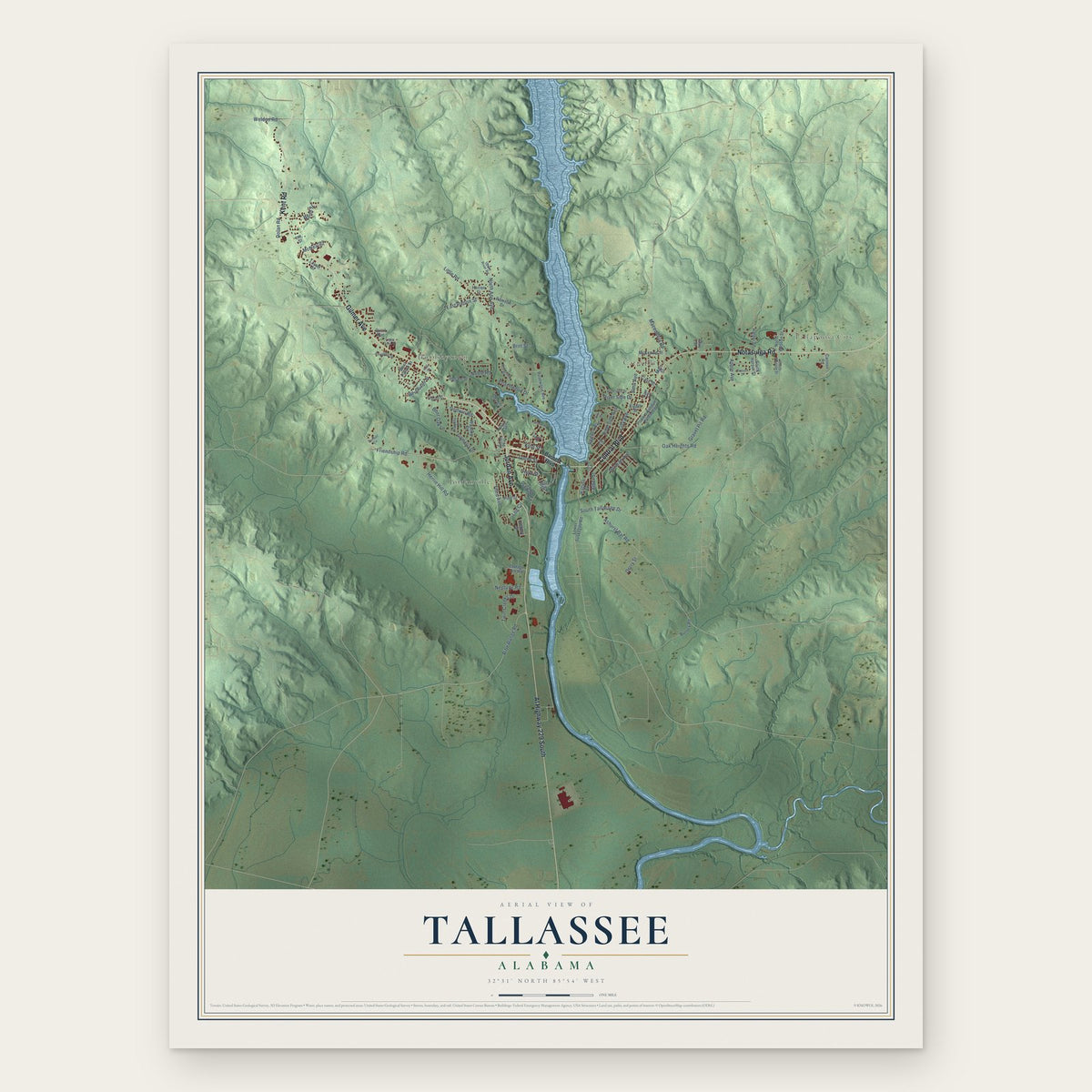 Tallassee, Alabama map print, the full design