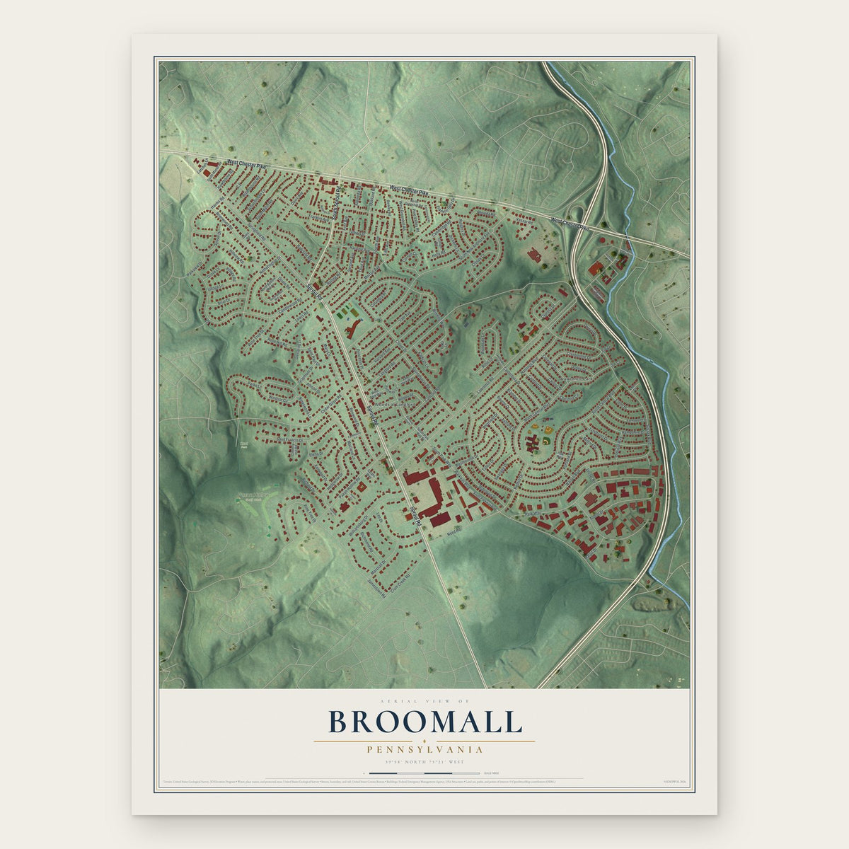 Broomall, Pennsylvania map print, the full design