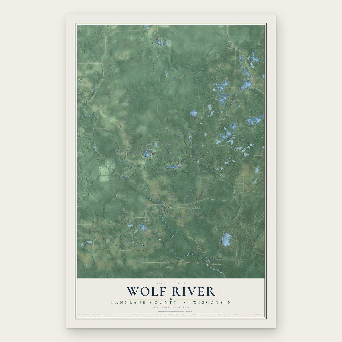 Wolf River, Langlade County, Wisconsin map print, the full design