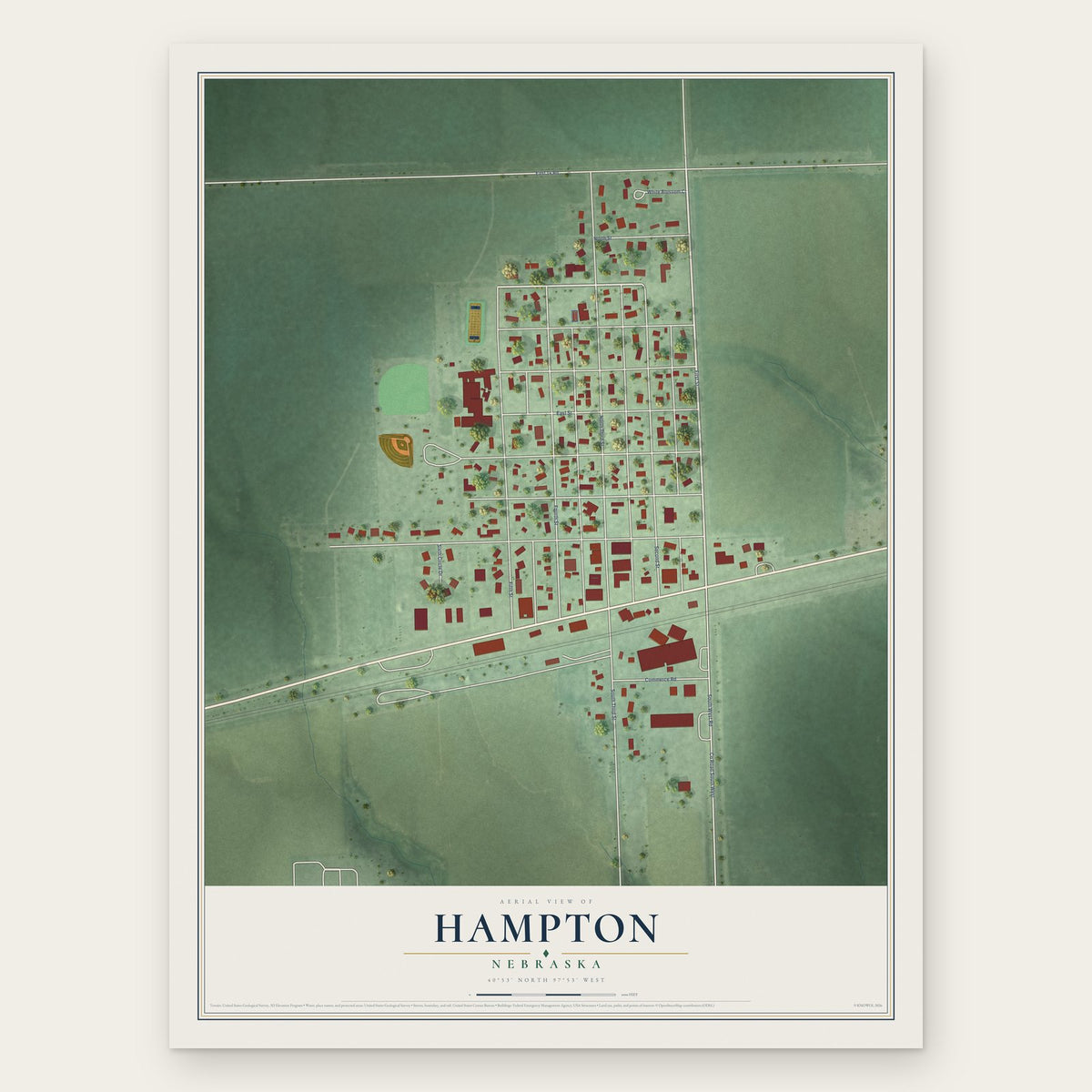 Hampton, Nebraska map print, the full design