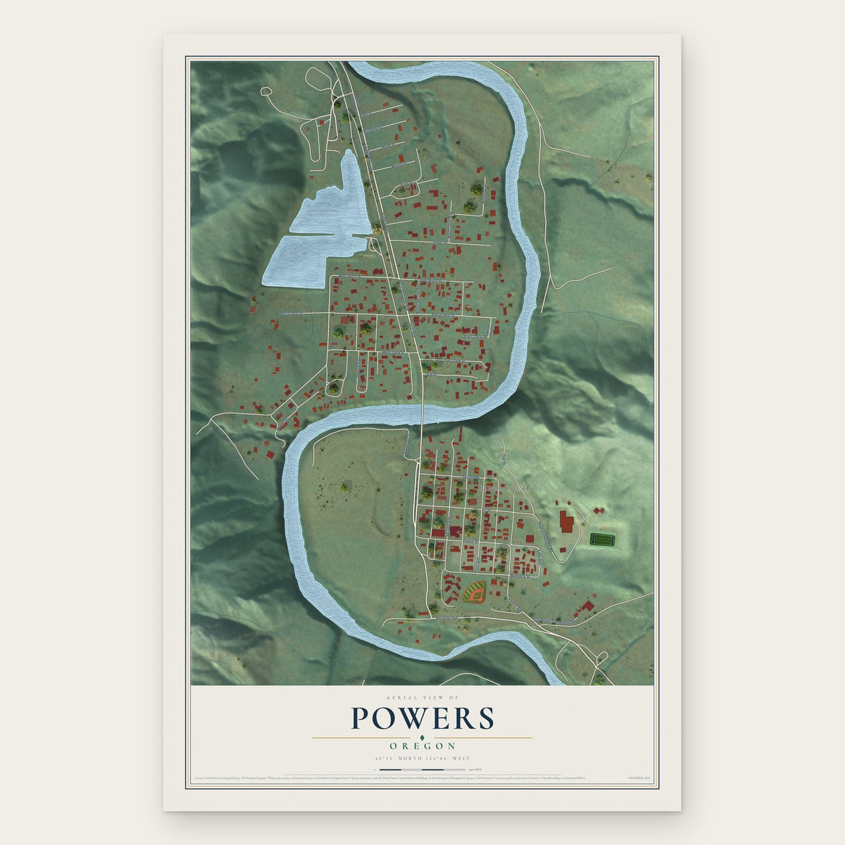 Powers, Oregon map print, the full design
