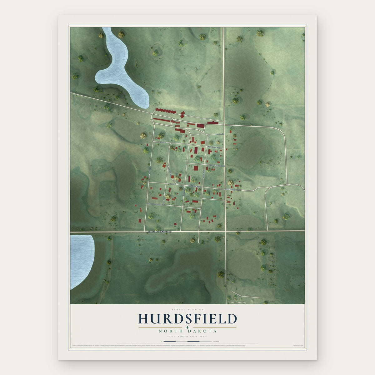 Hurdsfield, North Dakota map print, the full design