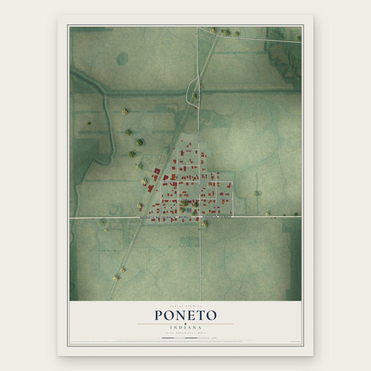 Poneto, Indiana map print, the full design