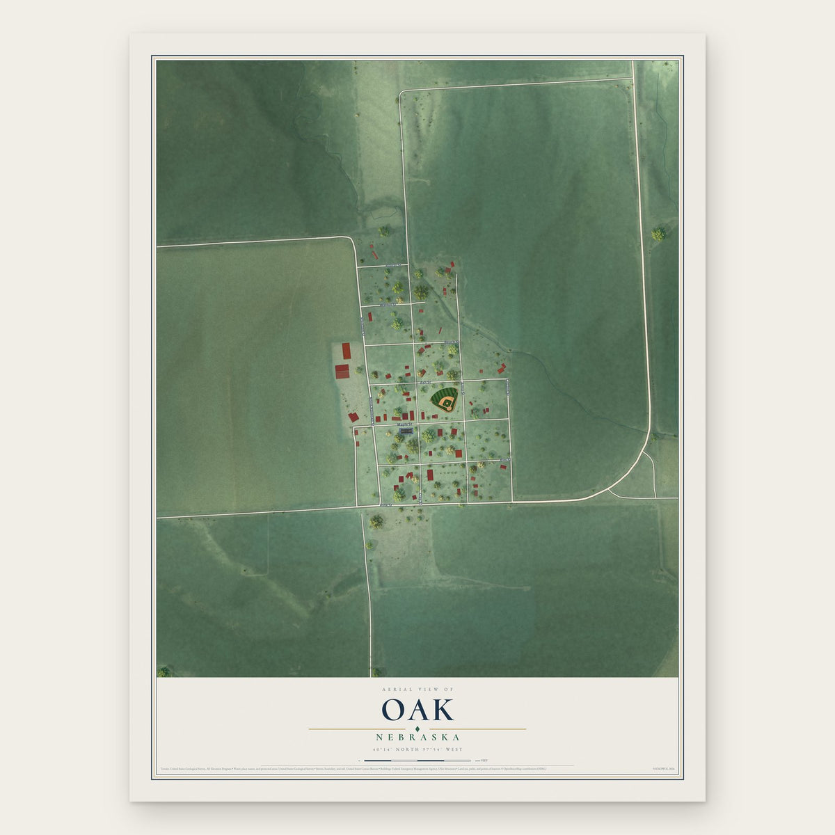 Oak, Nebraska map print, the full design