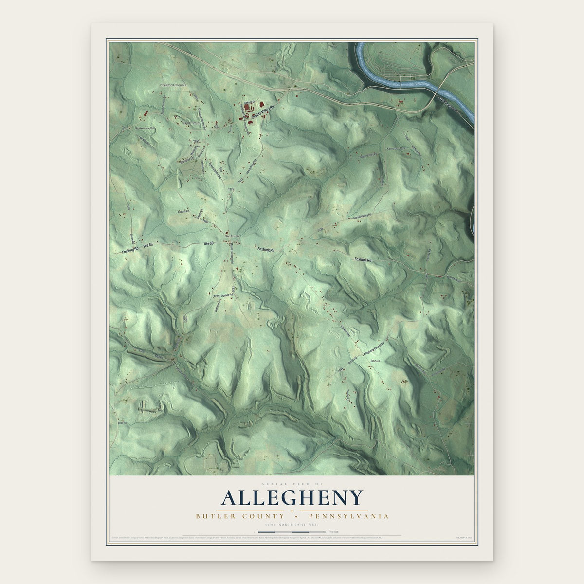 Allegheny, Butler County, Pennsylvania map print, the full design