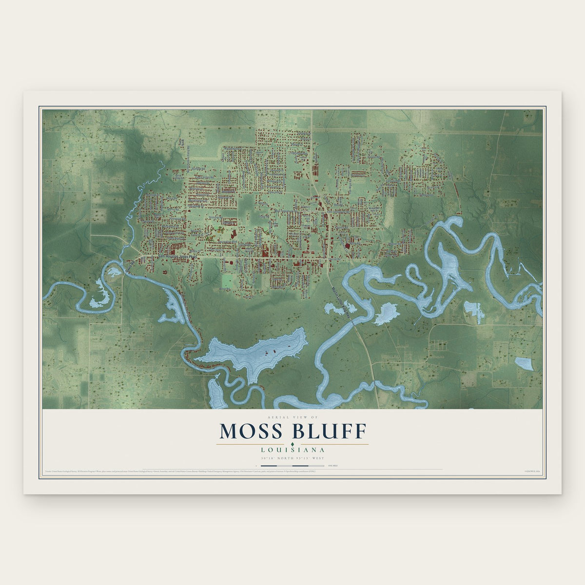 Moss Bluff, Louisiana map print, the full design