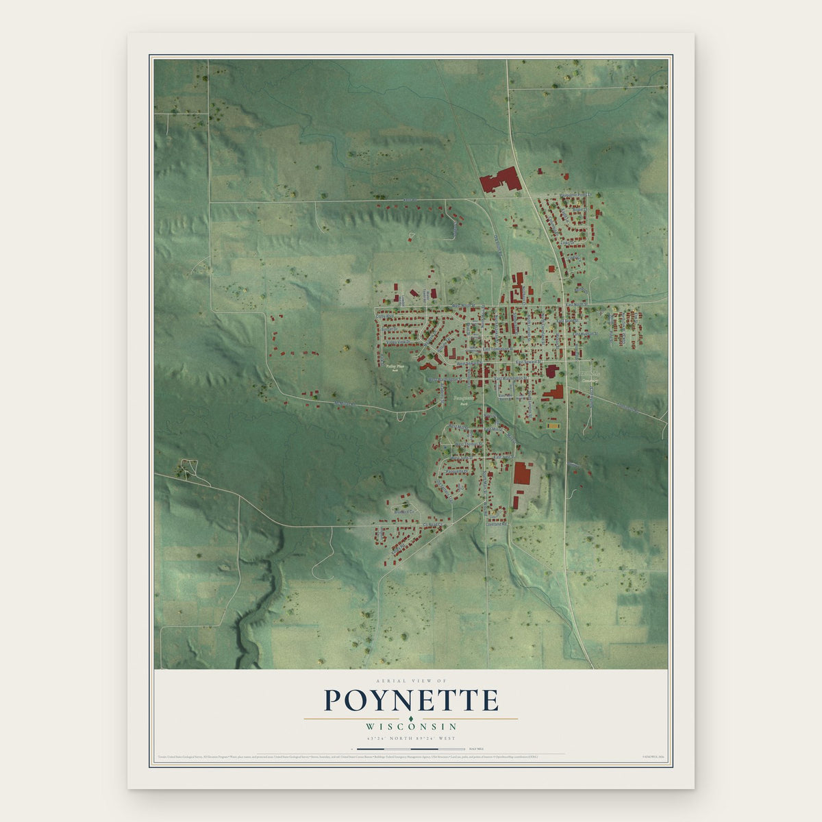 Poynette, Wisconsin map print, the full design