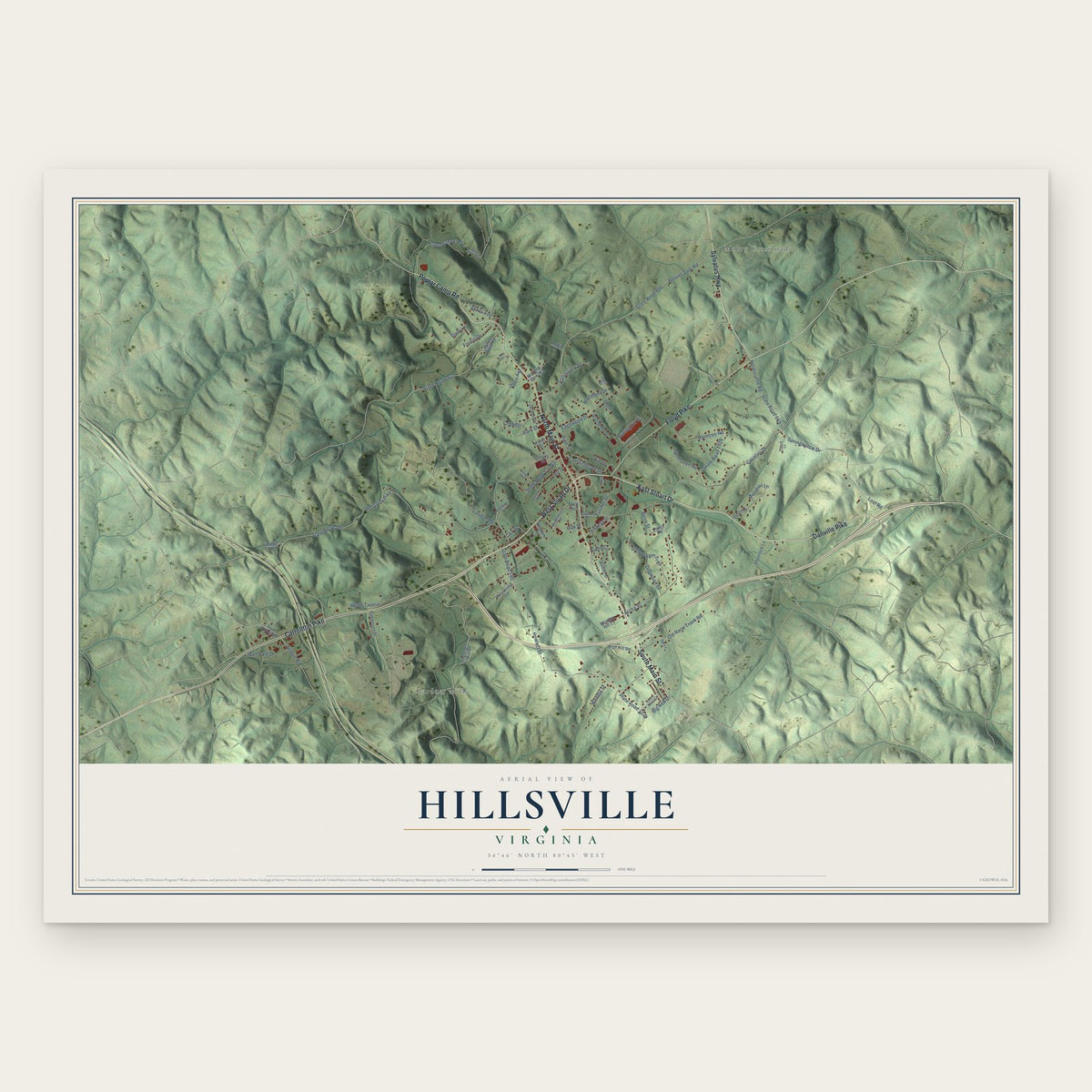 Hillsville, Virginia map print, the full design
