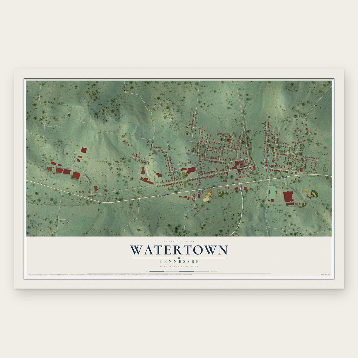 Watertown, Tennessee map print, the full design