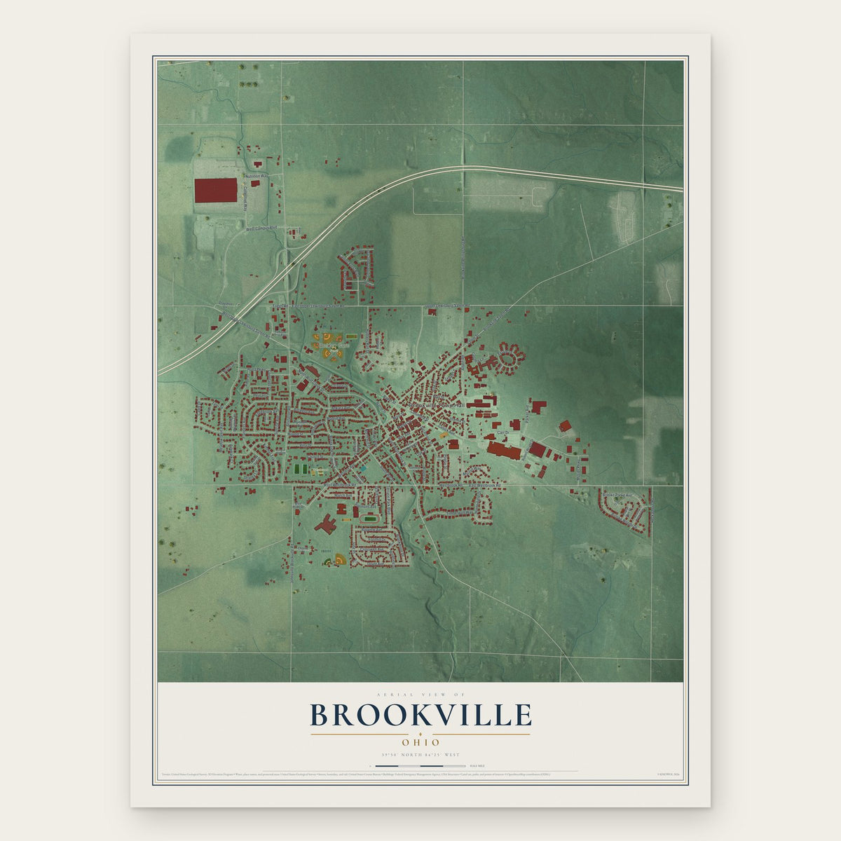 Brookville, Ohio map print, the full design
