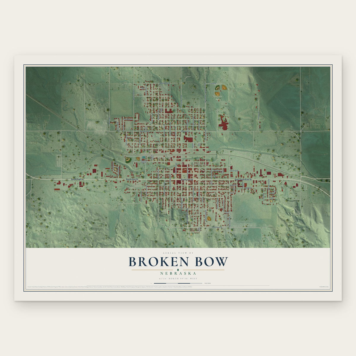 Broken Bow, Nebraska map print, the full design