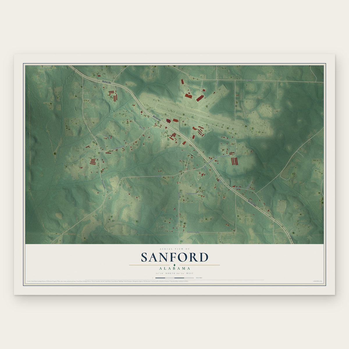 Sanford, Alabama map print, the full design