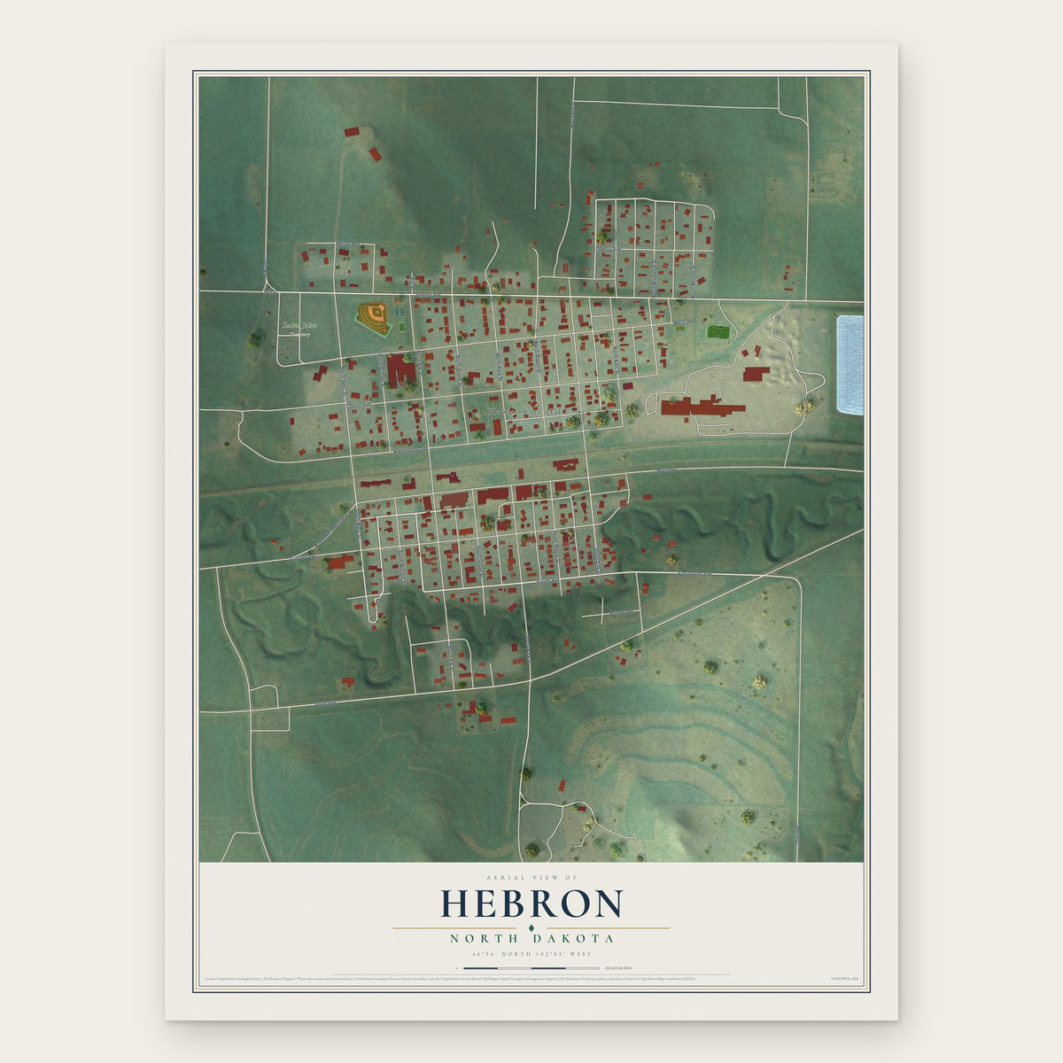 Hebron, North Dakota map print, the full design
