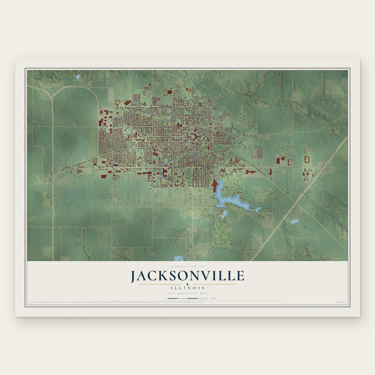 Jacksonville, Illinois map print, the full design