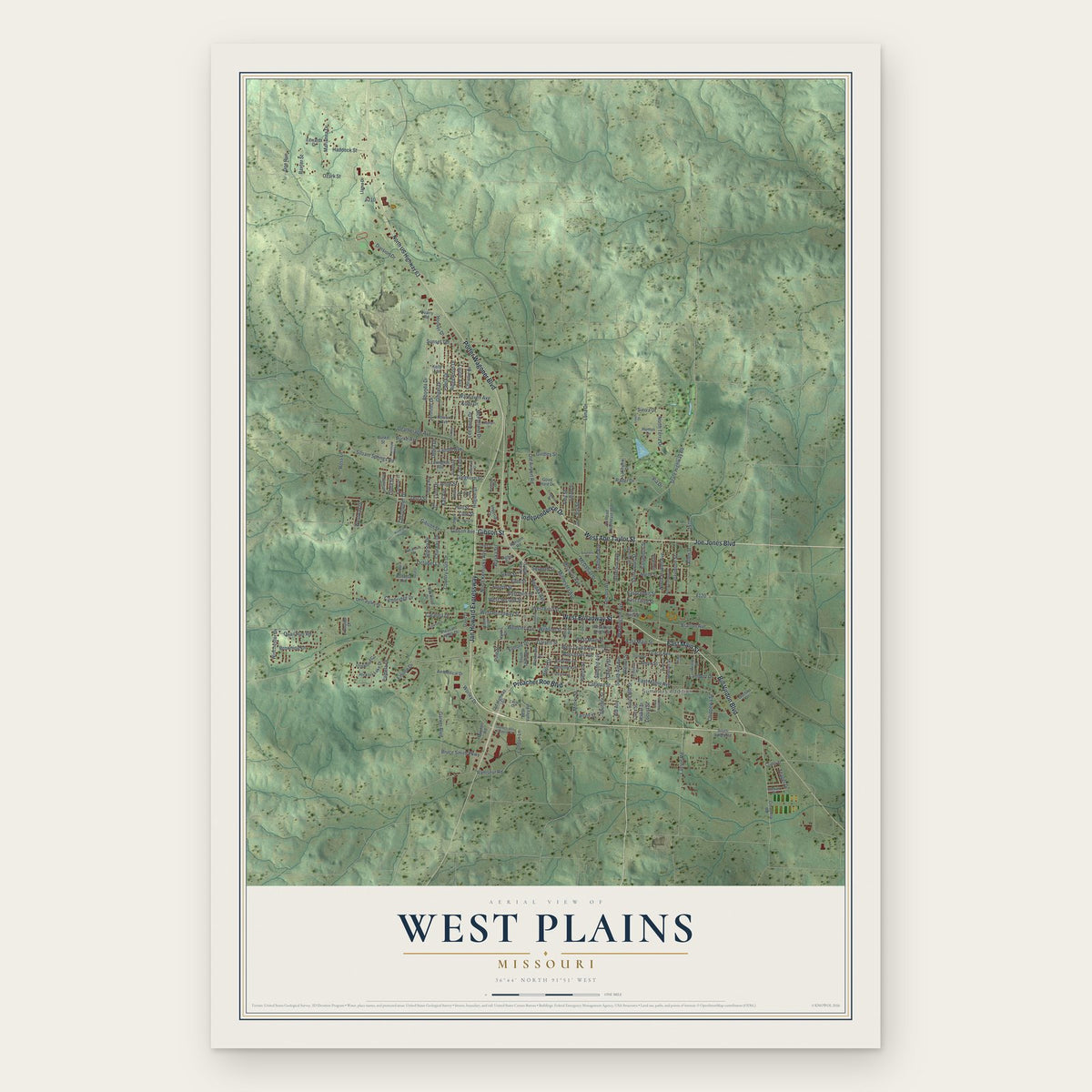 West Plains, Missouri map print, the full design