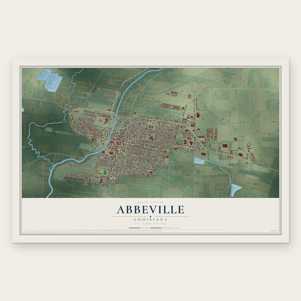 Abbeville, Louisiana map print, the full design