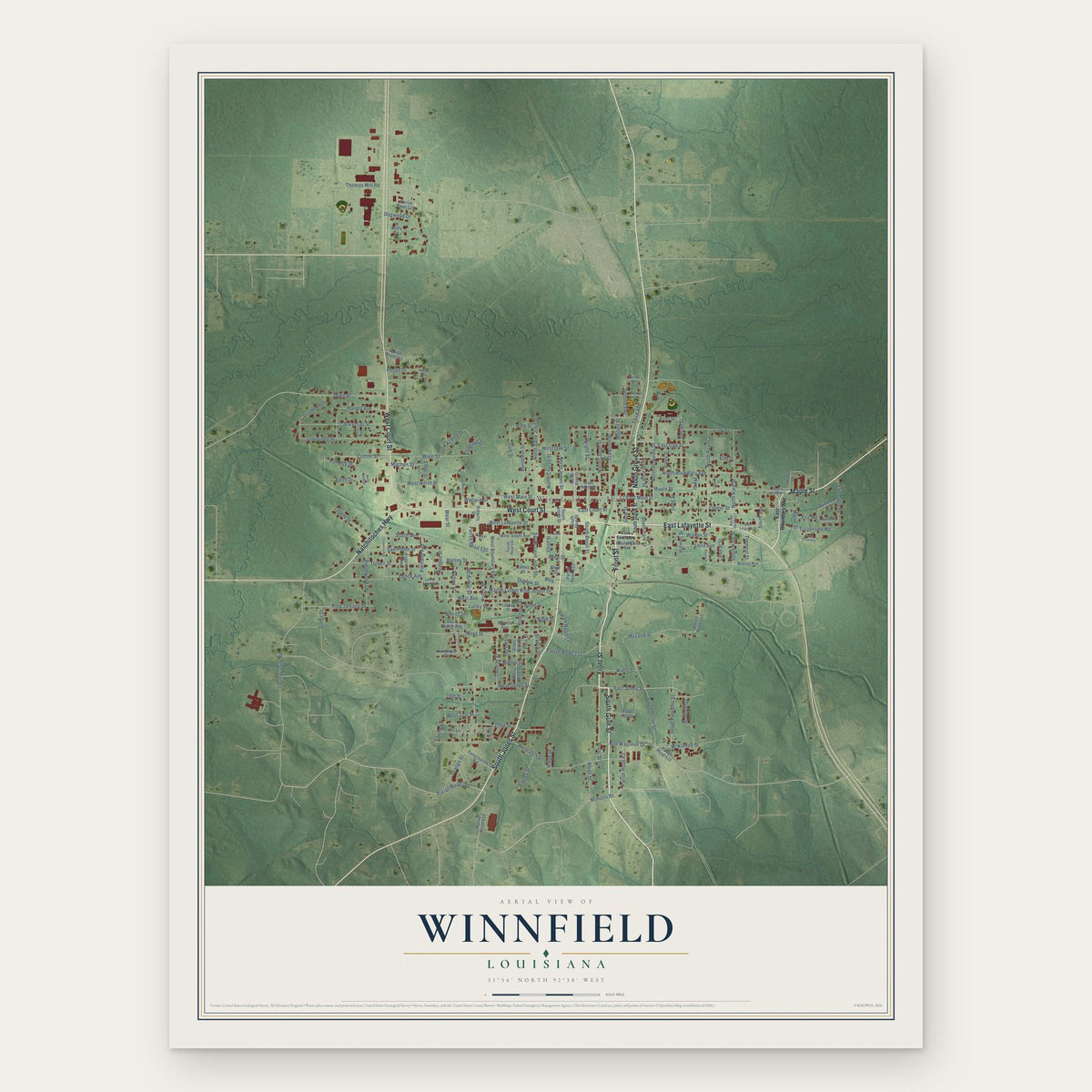 Winnfield, Louisiana map print, the full design