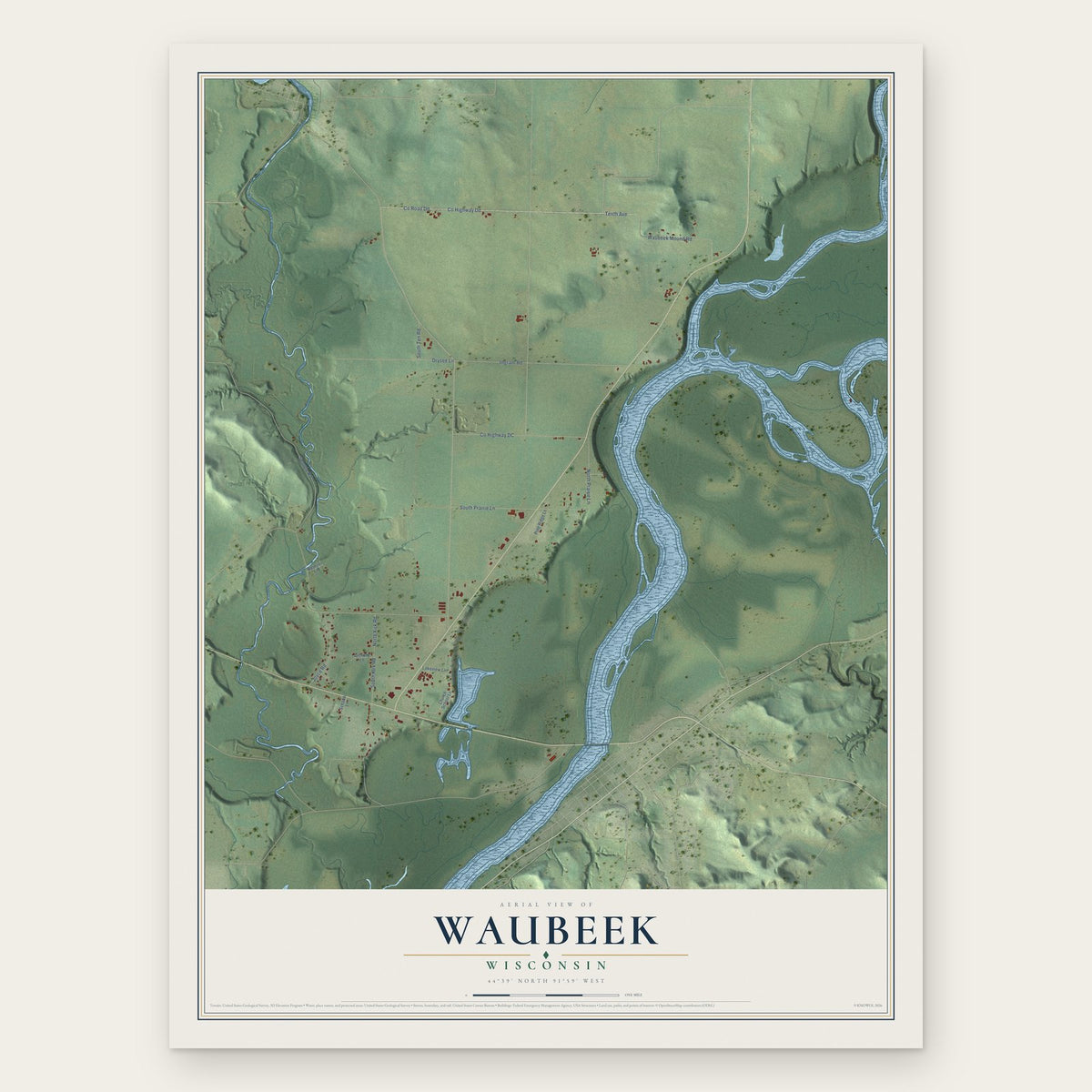 Waubeek, Wisconsin map print, the full design