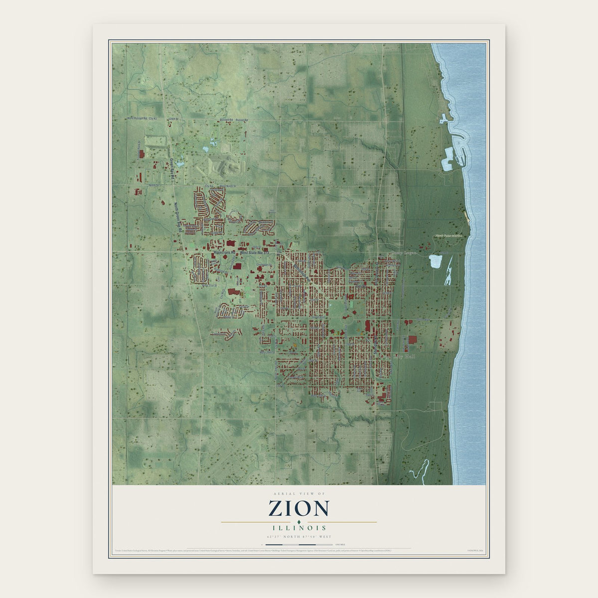 Zion, Illinois map print, the full design
