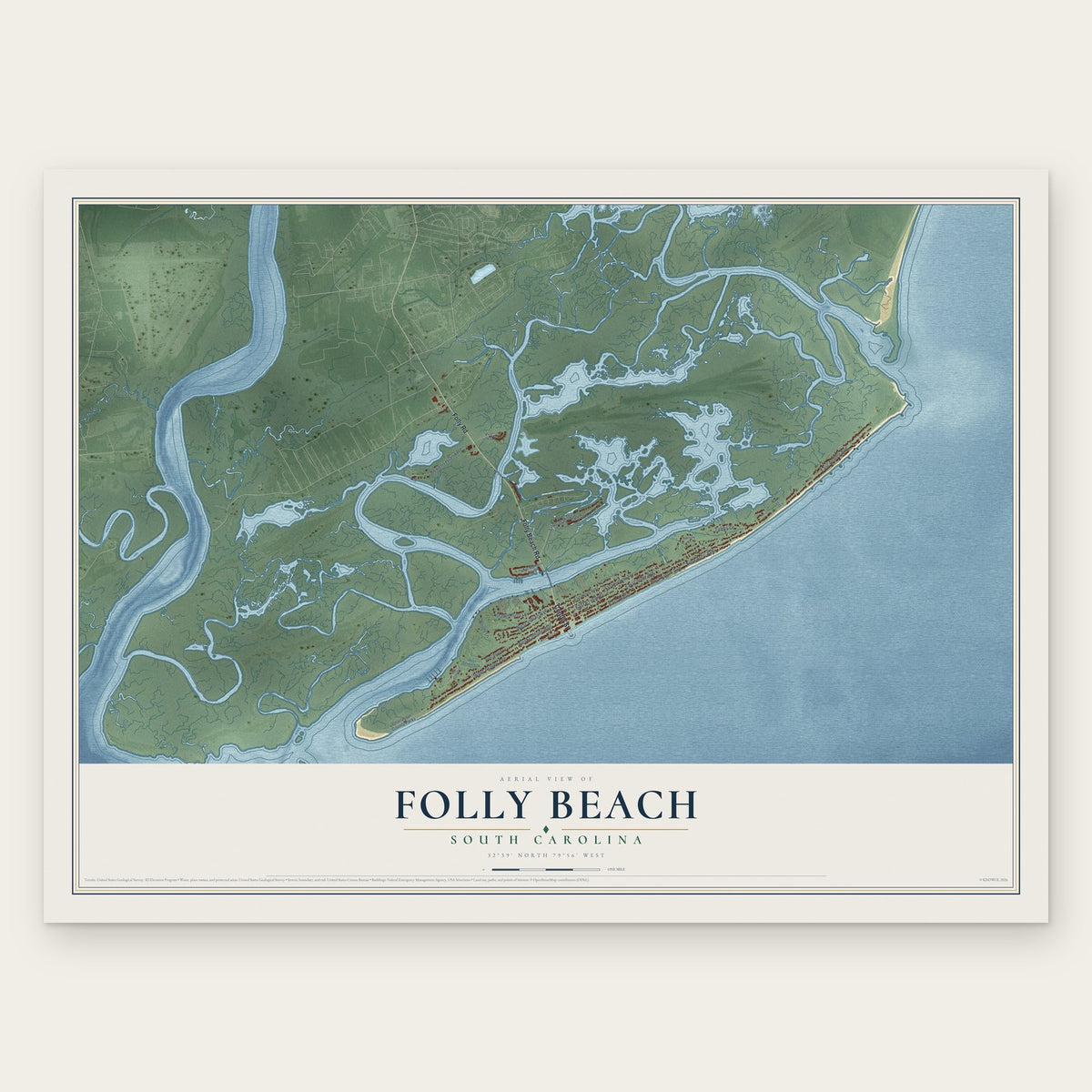 Folly Beach, South Carolina map print, the full design