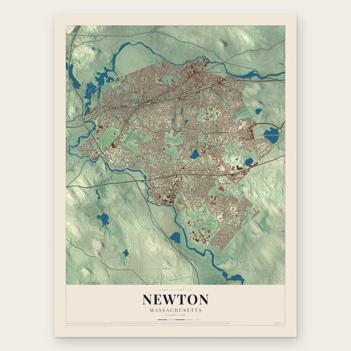 Newton, Massachusetts map print, the full design