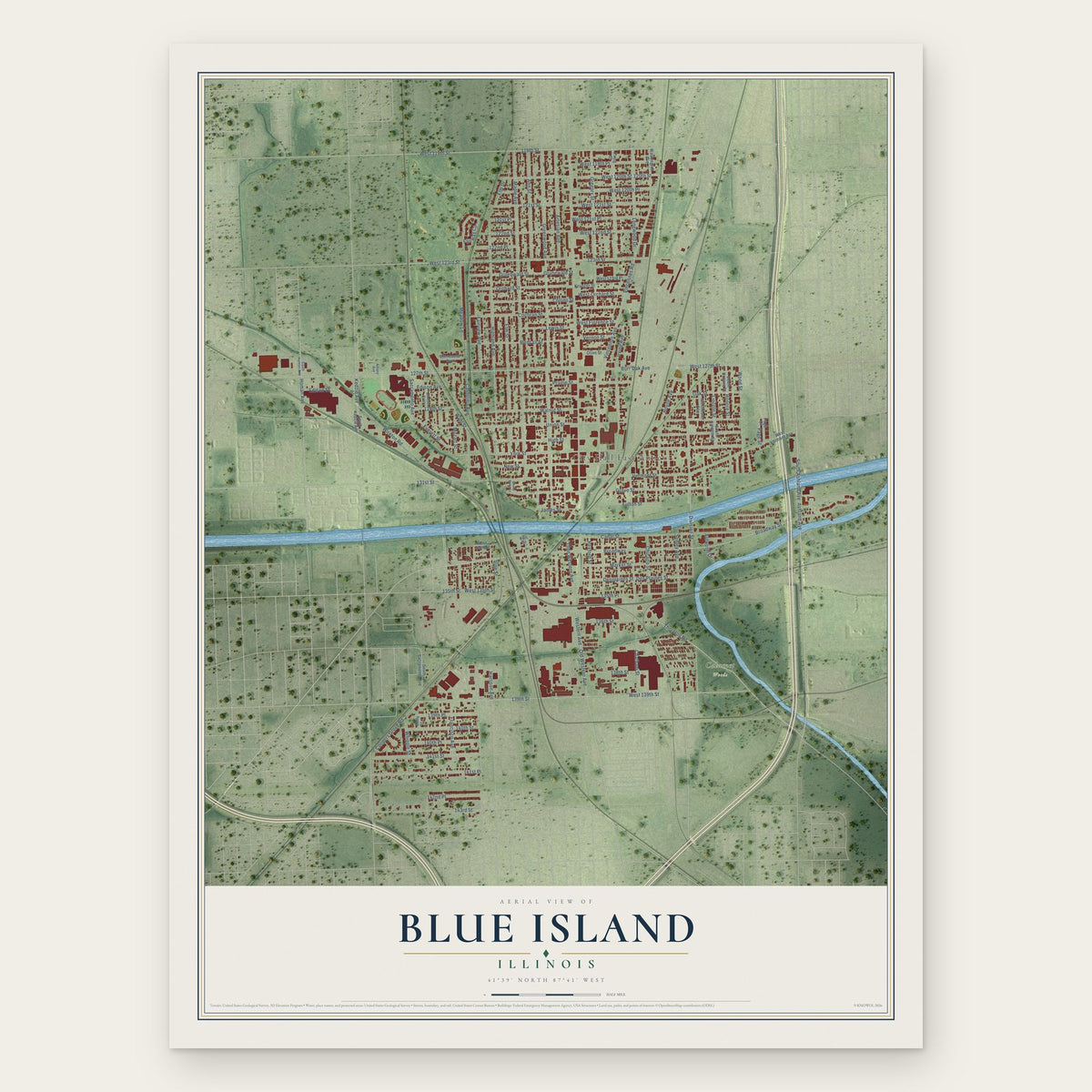 Blue Island, Illinois map print, the full design
