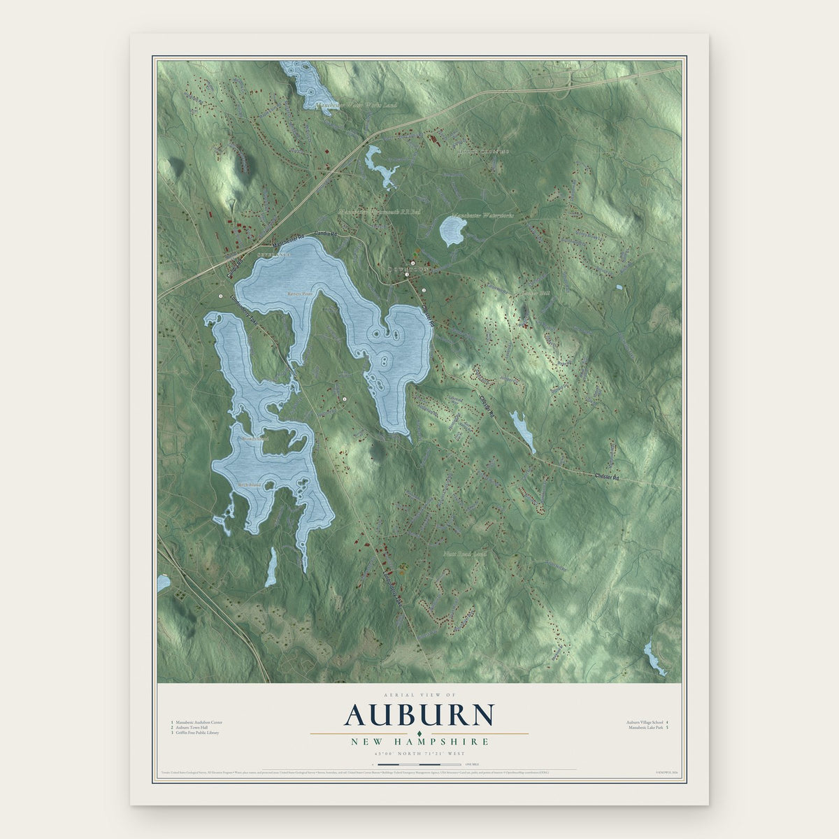 Auburn, New Hampshire map print, the full design