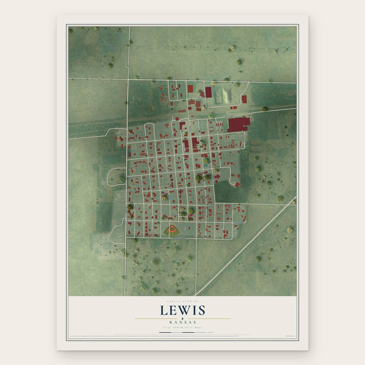 Lewis, Kansas map print, the full design