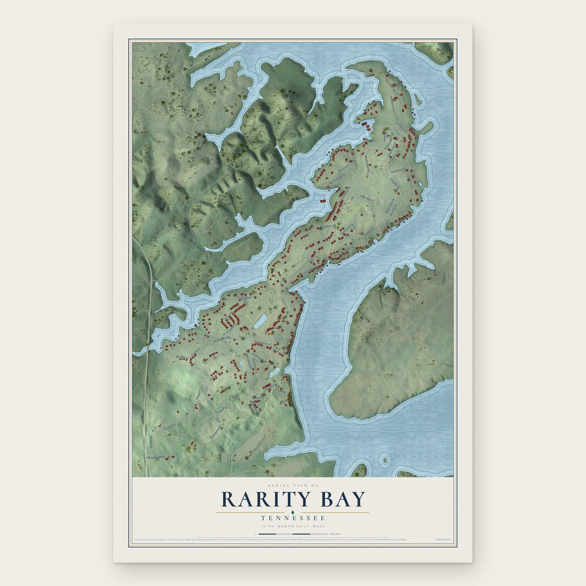 Rarity Bay, Tennessee map print, the full design
