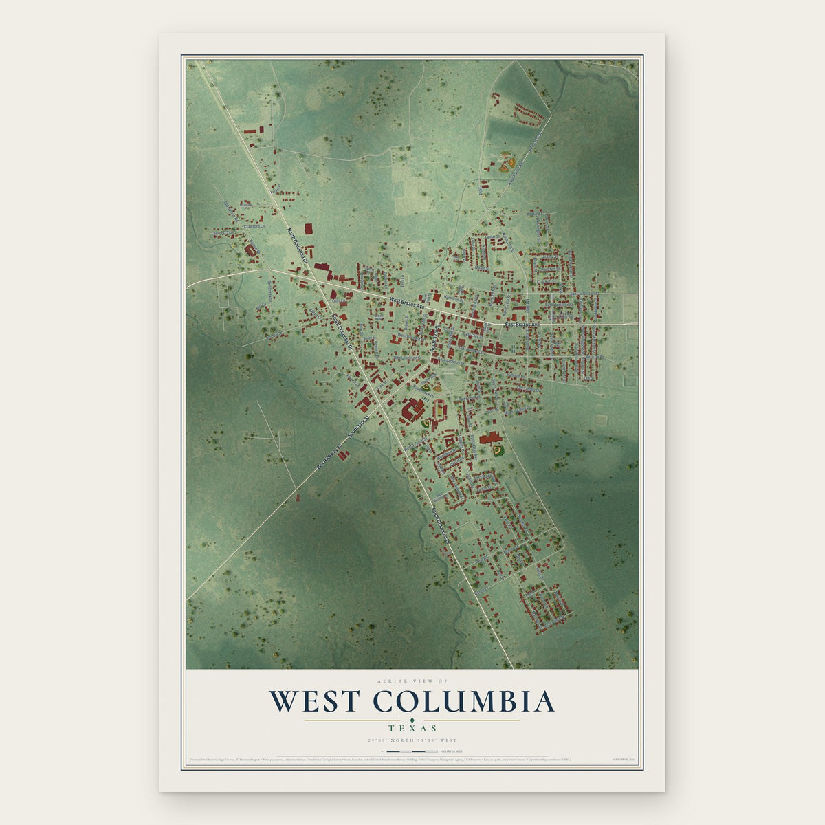 West Columbia, Texas map print, the full design