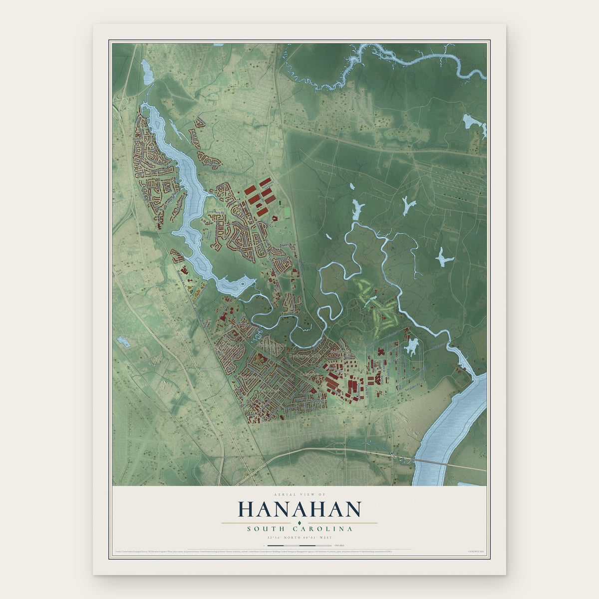 Hanahan, South Carolina map print, the full design