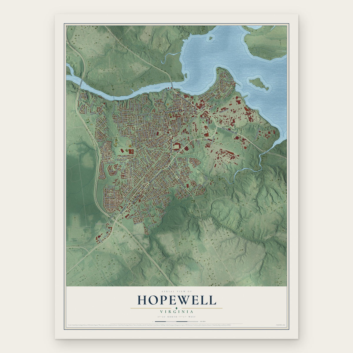 Hopewell, Virginia map print, the full design