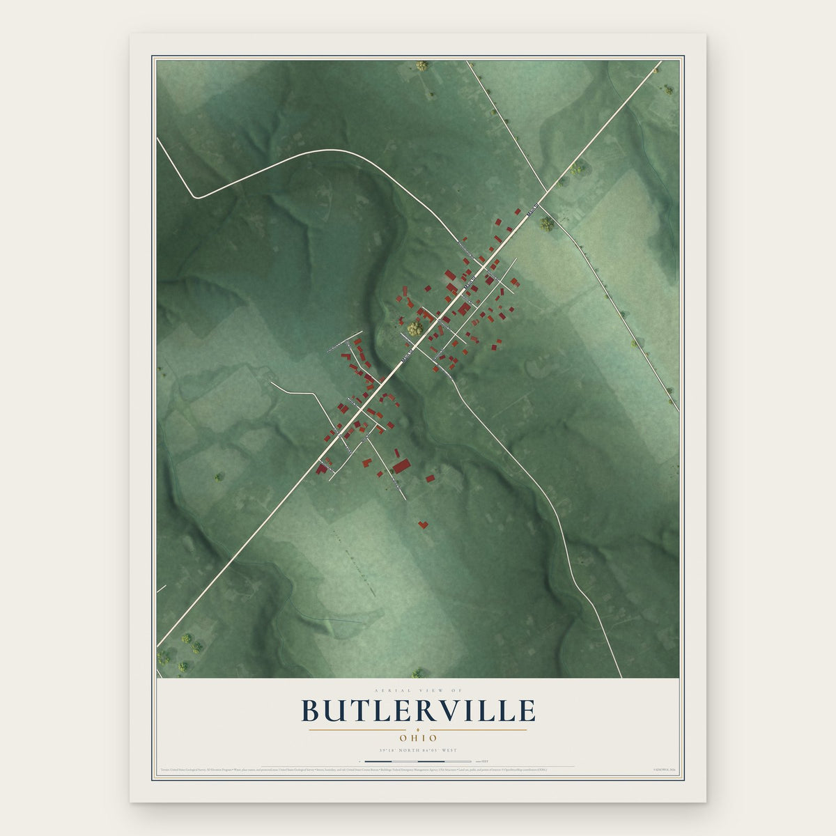 Butlerville, Ohio map print, the full design