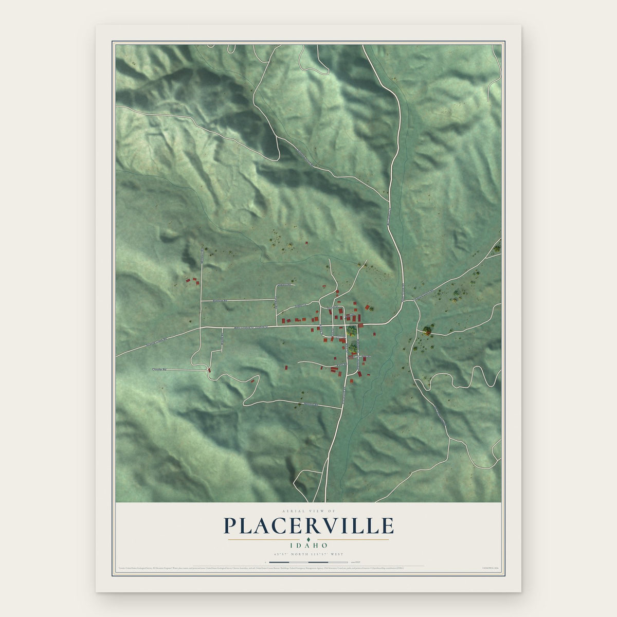 Placerville, Idaho map print, the full design