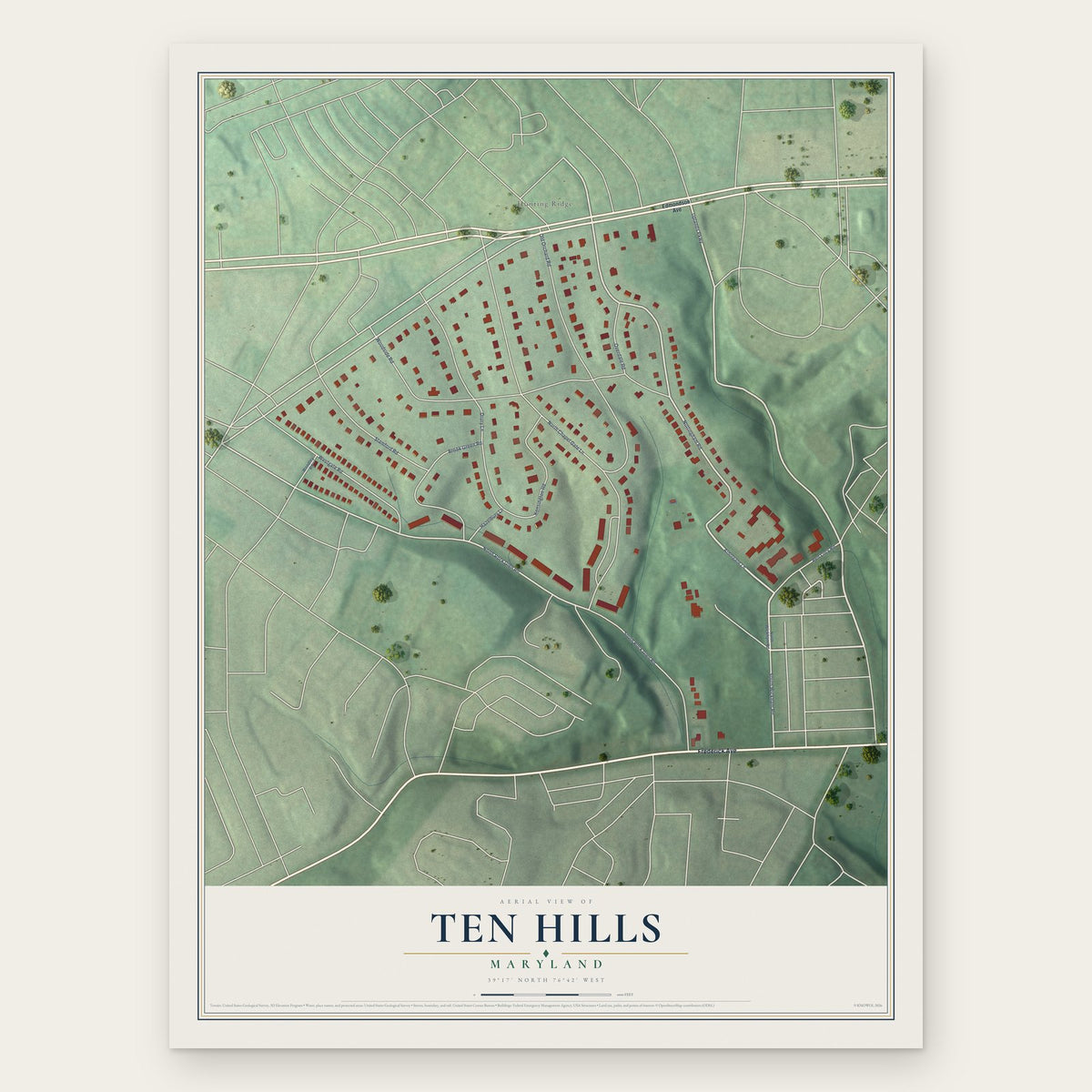 Ten Hills, Maryland map print, the full design