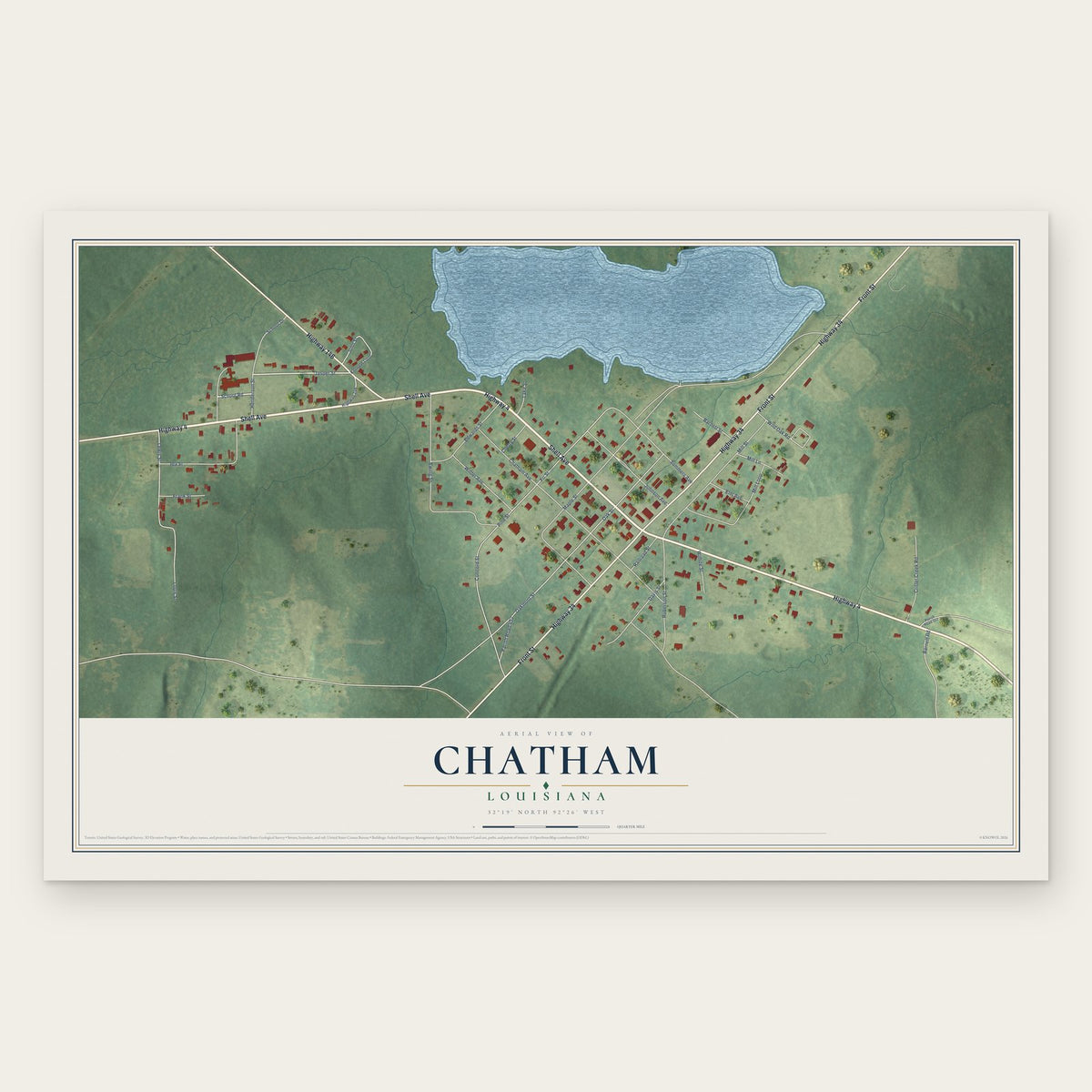Chatham, Louisiana map print, the full design