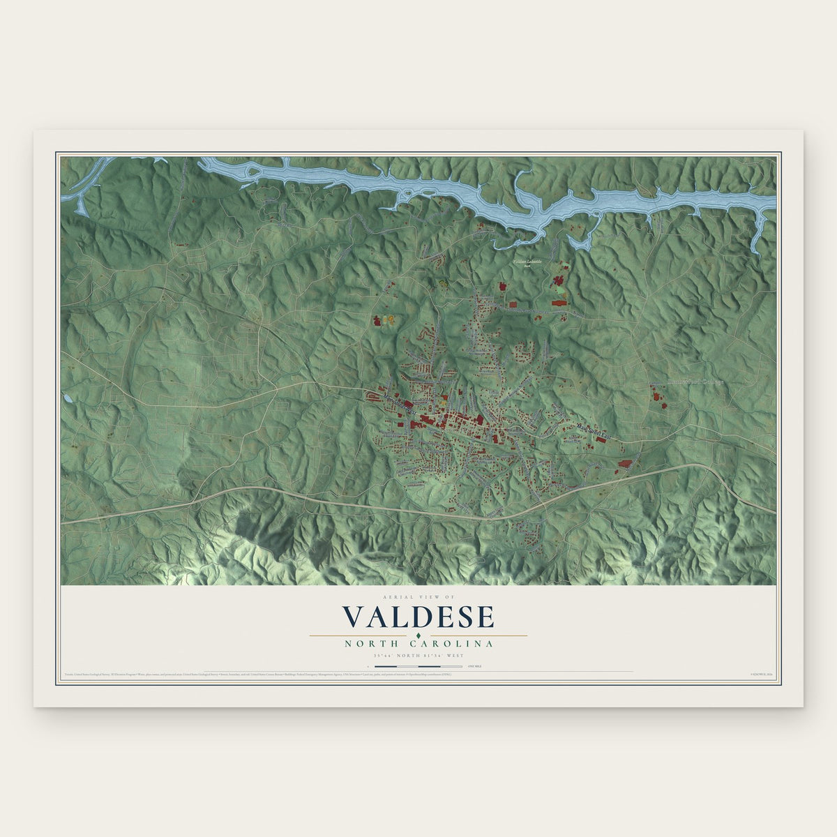 Valdese, North Carolina map print, the full design