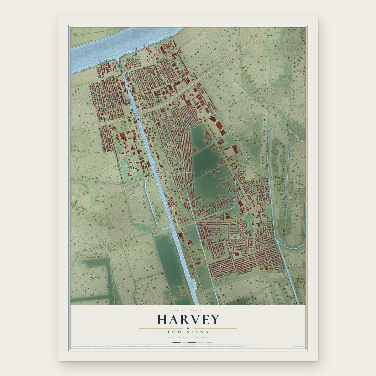 Harvey, Louisiana map print, the full design