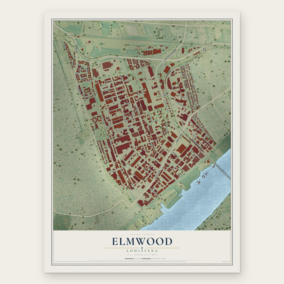 Elmwood, Louisiana map print, the full design