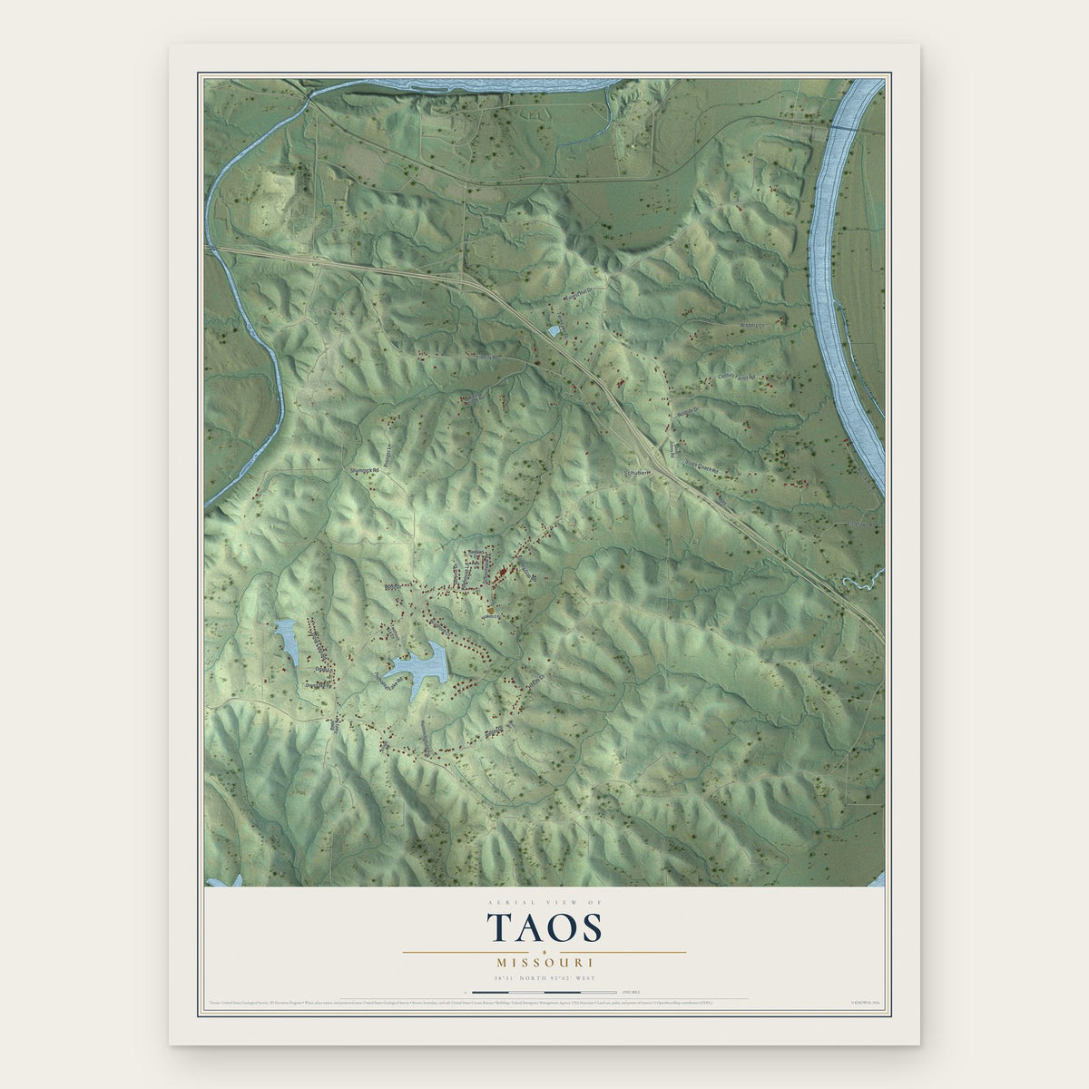 Taos, Missouri map print, the full design