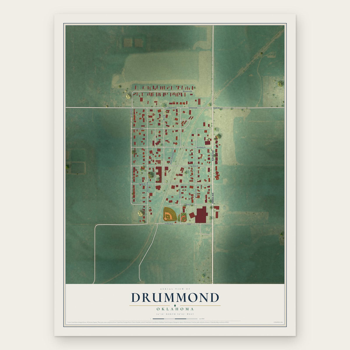 Drummond, Oklahoma map print, the full design