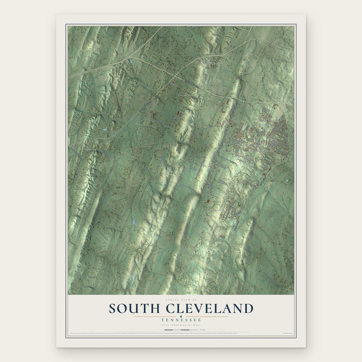 South Cleveland, Tennessee map print, the full design