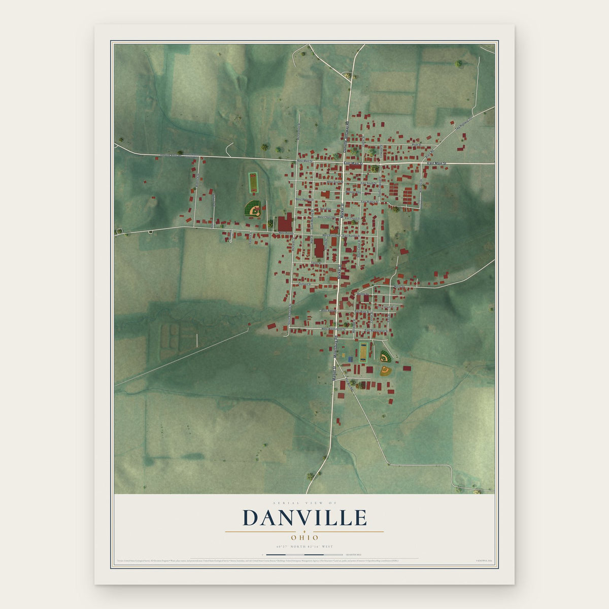 Danville, Ohio map print, the full design