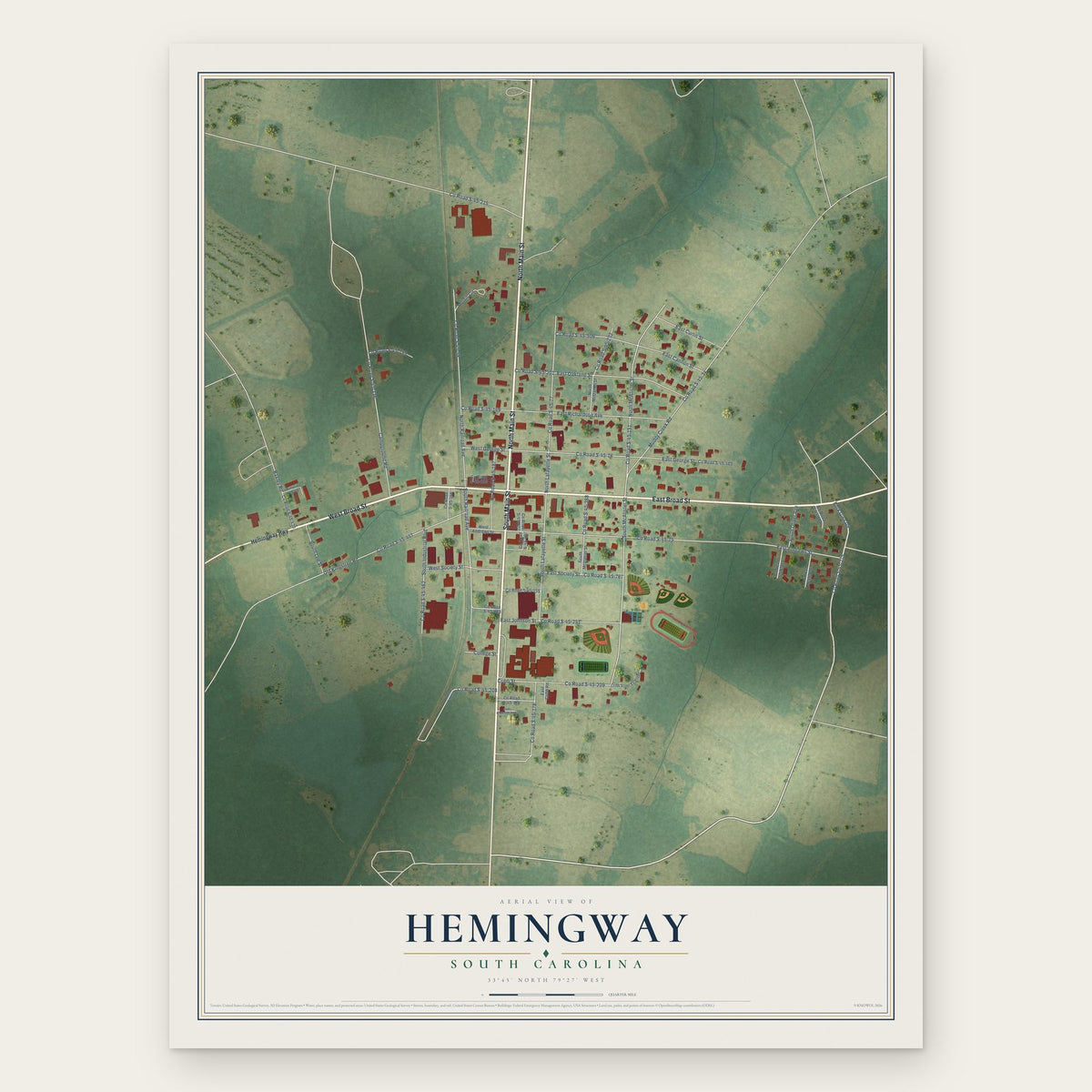 Hemingway, South Carolina map print, the full design