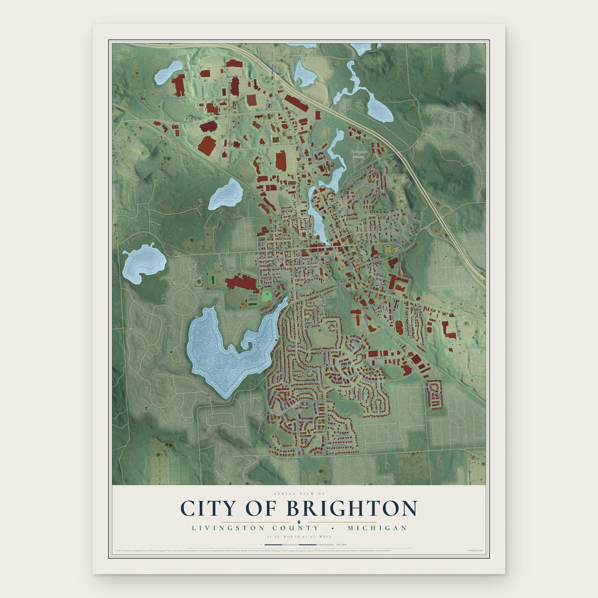 Brighton, Michigan map print, the full design