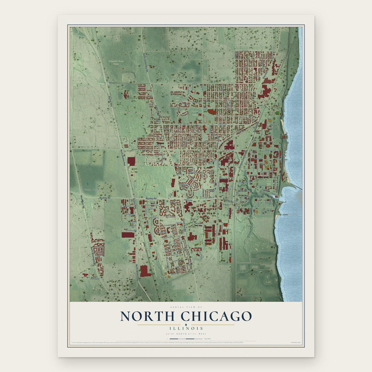 North Chicago, Illinois map print, the full design