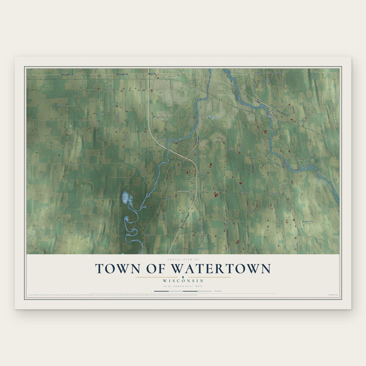 Town of Watertown, Wisconsin map print, the full design