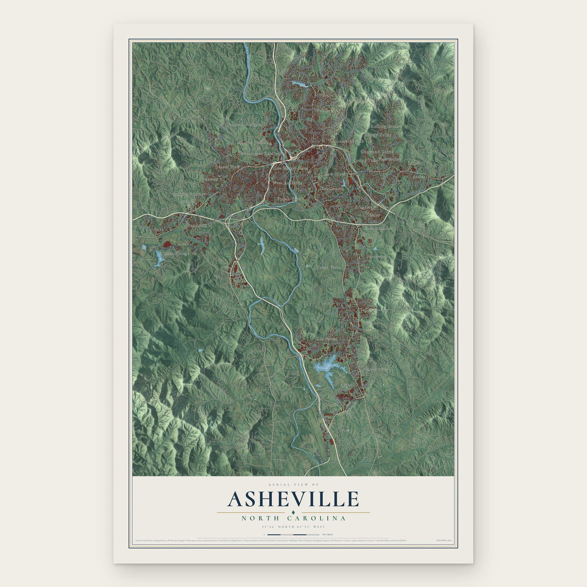 Asheville, North Carolina map print, the full design