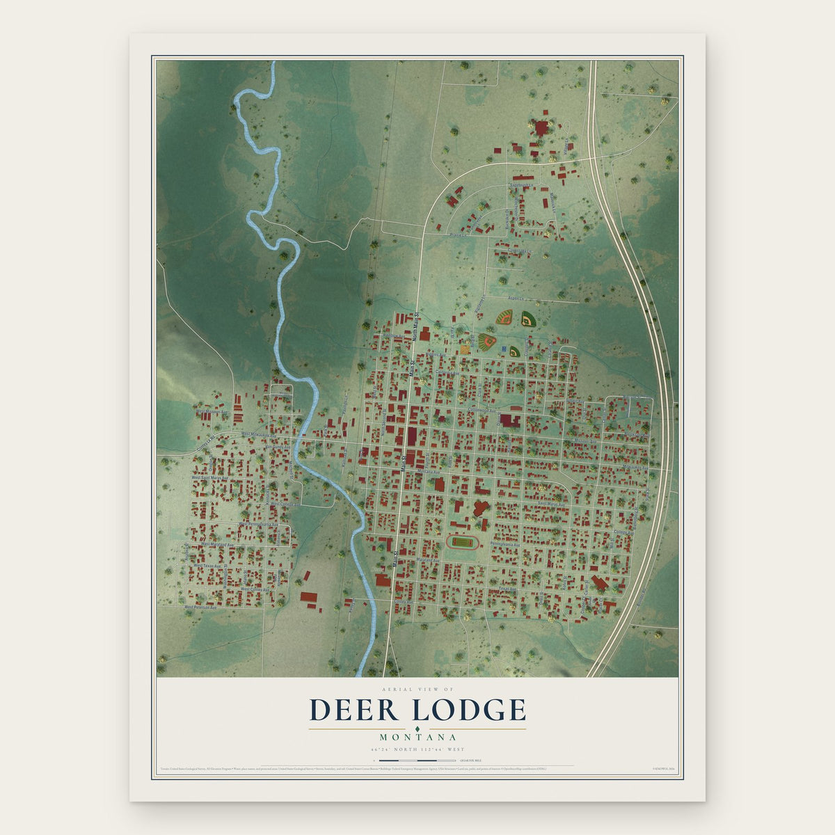 Deer Lodge, Montana map print, the full design