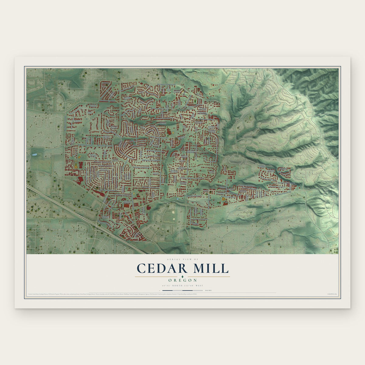Cedar Mill, Oregon map print, the full design